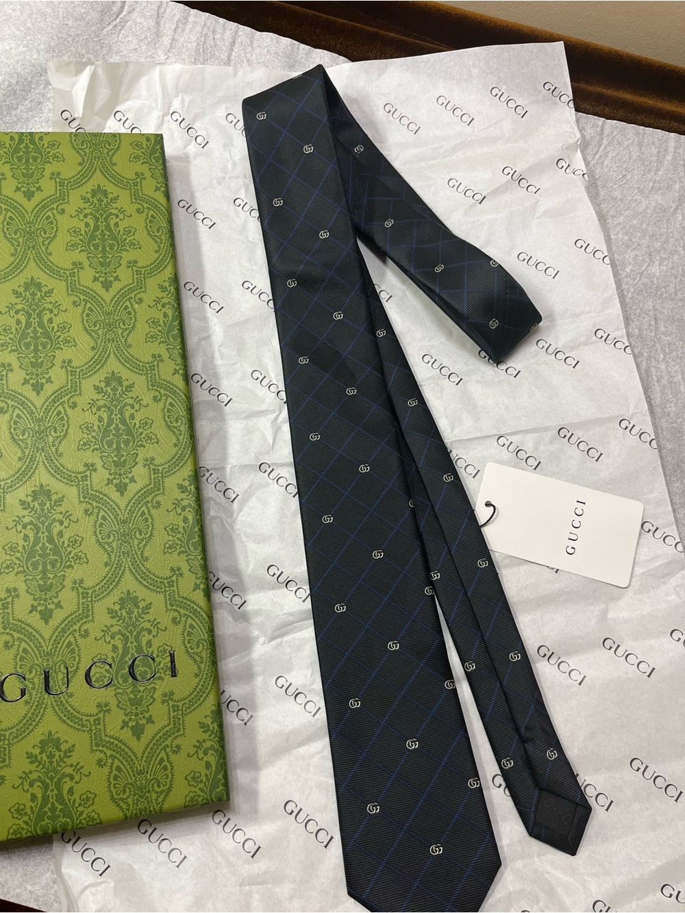 Gucci Black Silk Tie with Navy Windowpane and GG Motif
